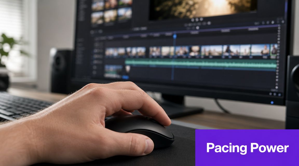 A close-up view of a person using a computer mouse to edit a video montage on screen.