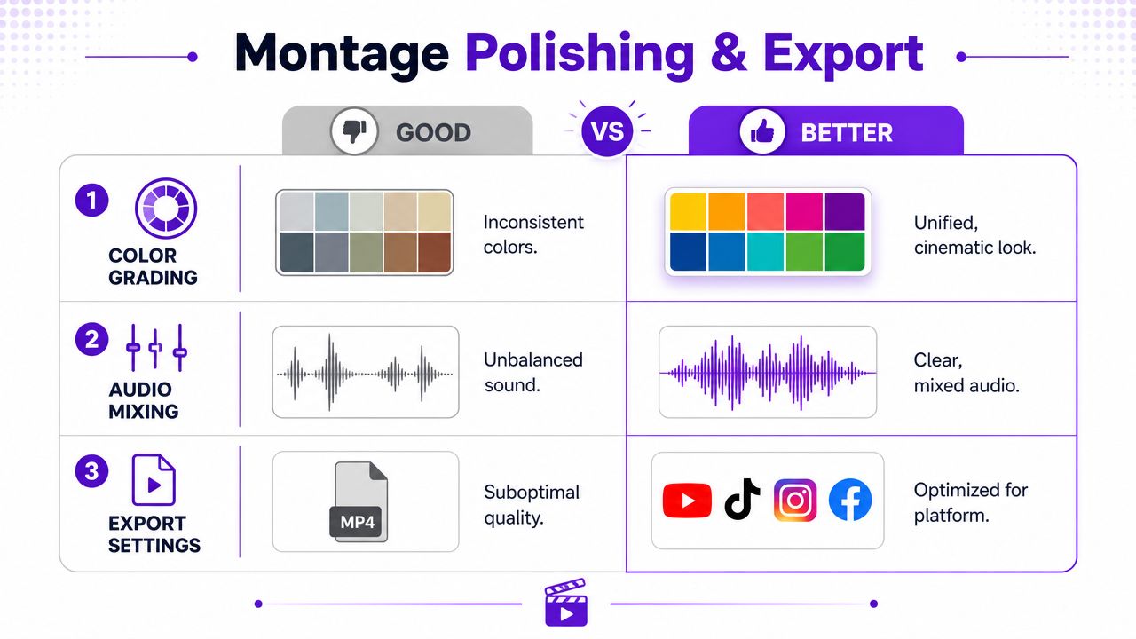 A comparison chart showing how to improve montage polishing and export for better video quality and platform optimization.