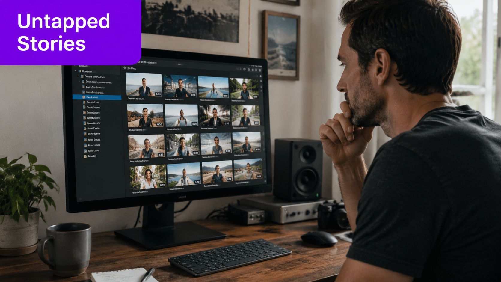 A professional editor reviews multiple video clips on a computer monitor in a creative office space.