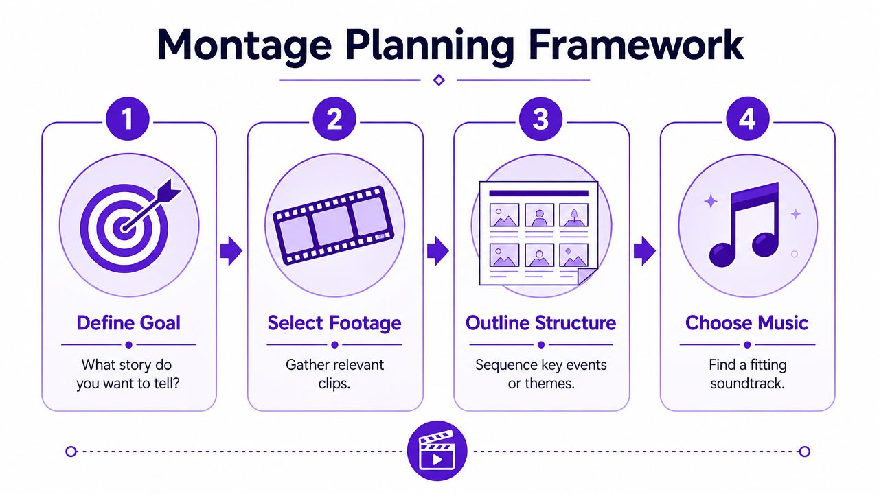 A four-step infographic illustrating the Montage Planning Framework for creating effective video montages.