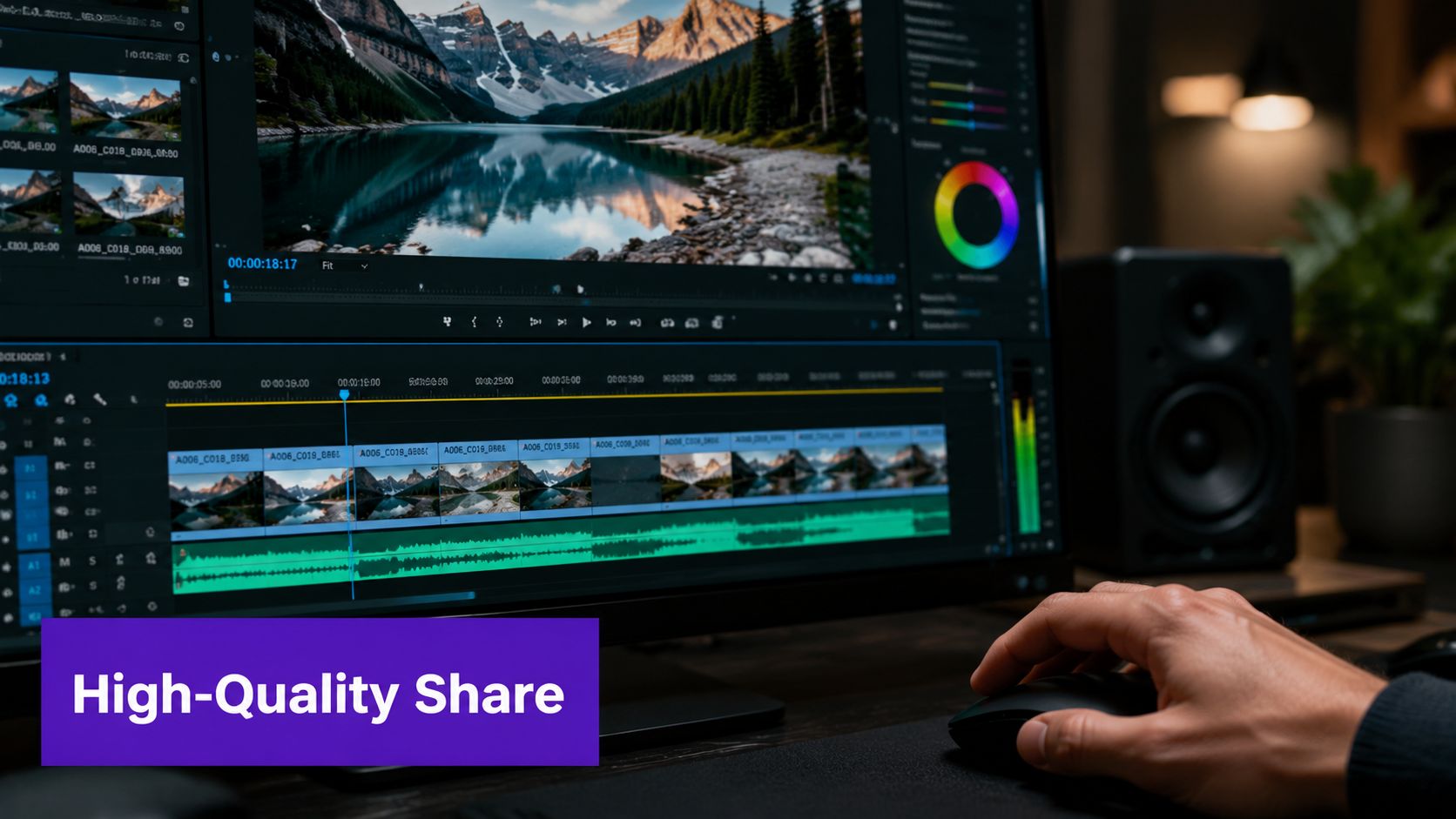 A professional video editor working on a high-quality video project on their computer monitor at a desk.