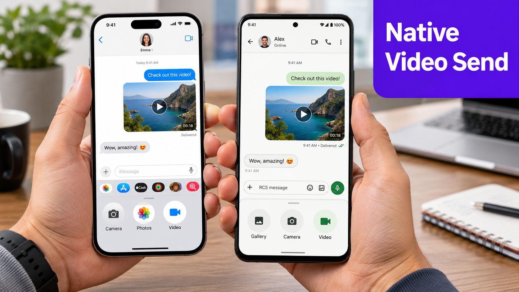 Two smartphones side by side held by hands, demonstrating native video messaging features on different operating systems.