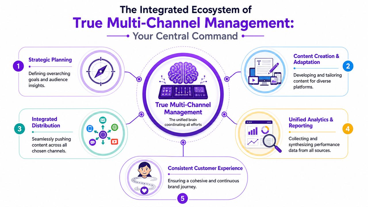 A diagram illustrating an integrated ecosystem of true multi-channel management featuring five core strategic business components.