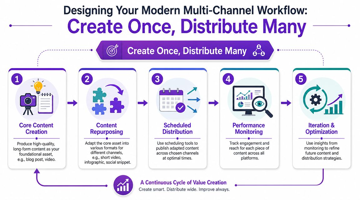 A five-step infographic showing a modern multi-channel workflow strategy for content creation, repurposing, distribution, and optimization.