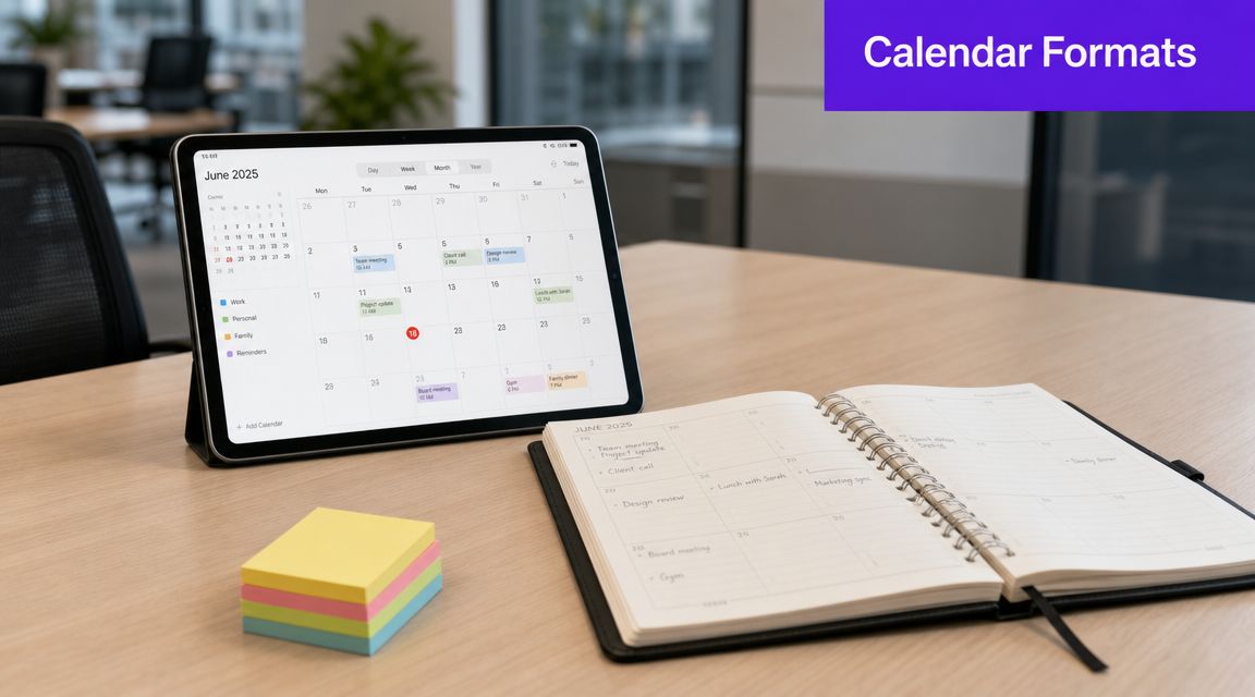 A digital tablet displaying a June 2025 calendar beside a physical spiral-bound paper planner on a wooden desk.
