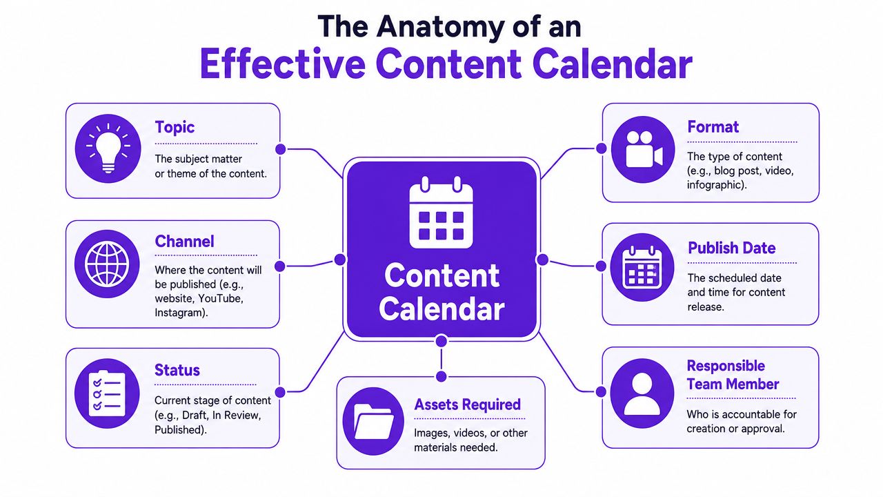 An infographic titled The Anatomy of an Effective Content Calendar displaying essential components like topic, channel, and status.