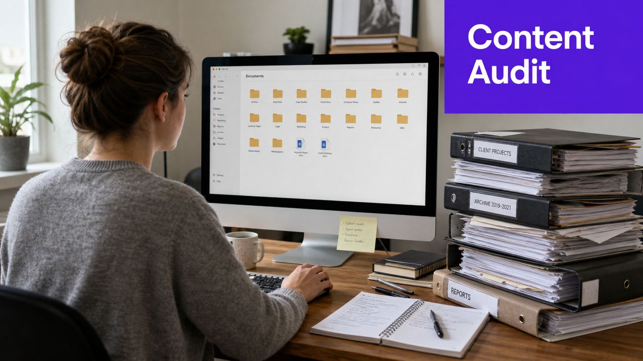 A woman working at a desk organizing digital and physical documents during a professional content audit.