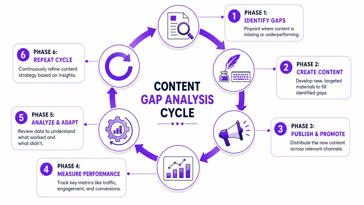 A cyclical diagram illustrating the six phases of a strategic content gap analysis marketing process.