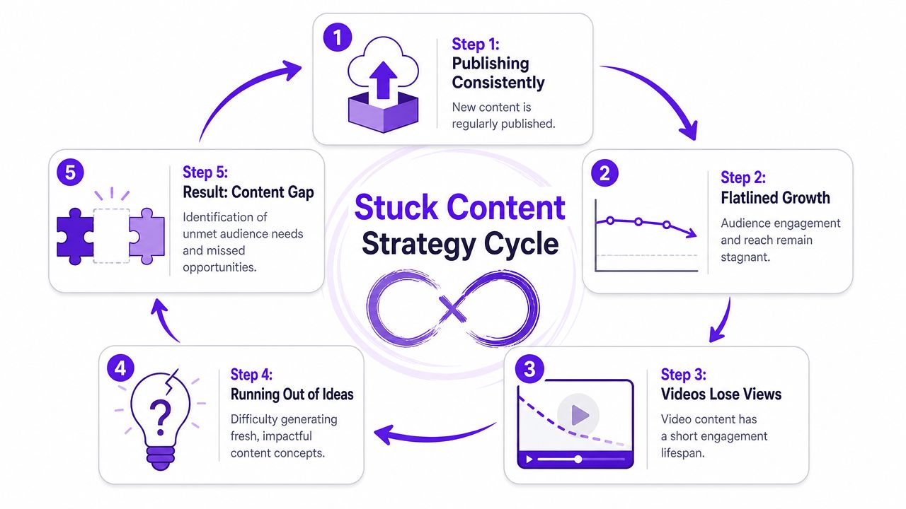 A circular infographic titled Stuck Content Strategy Cycle illustrating five sequential steps of content stagnation.