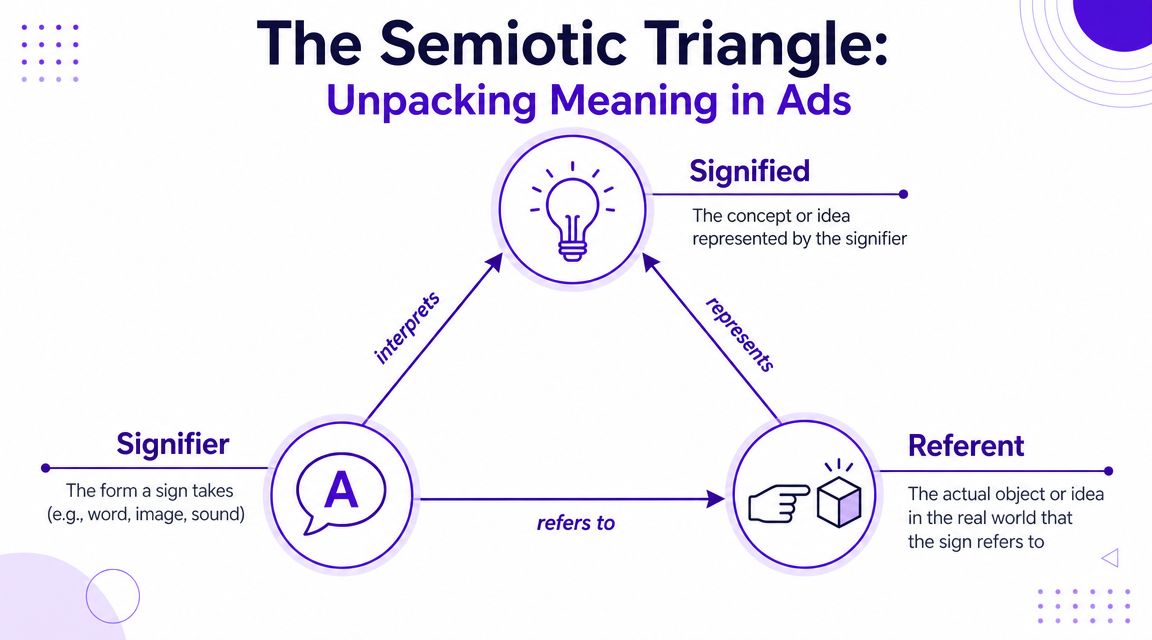 A semiotic triangle diagram explaining the relationships between a signifier, a signified concept, and a real-world referent.
