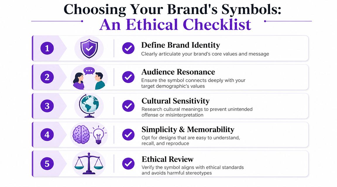 An infographic checklist for ethical brand symbol selection, featuring five points on identity, resonance, culture, simplicity, and ethics.