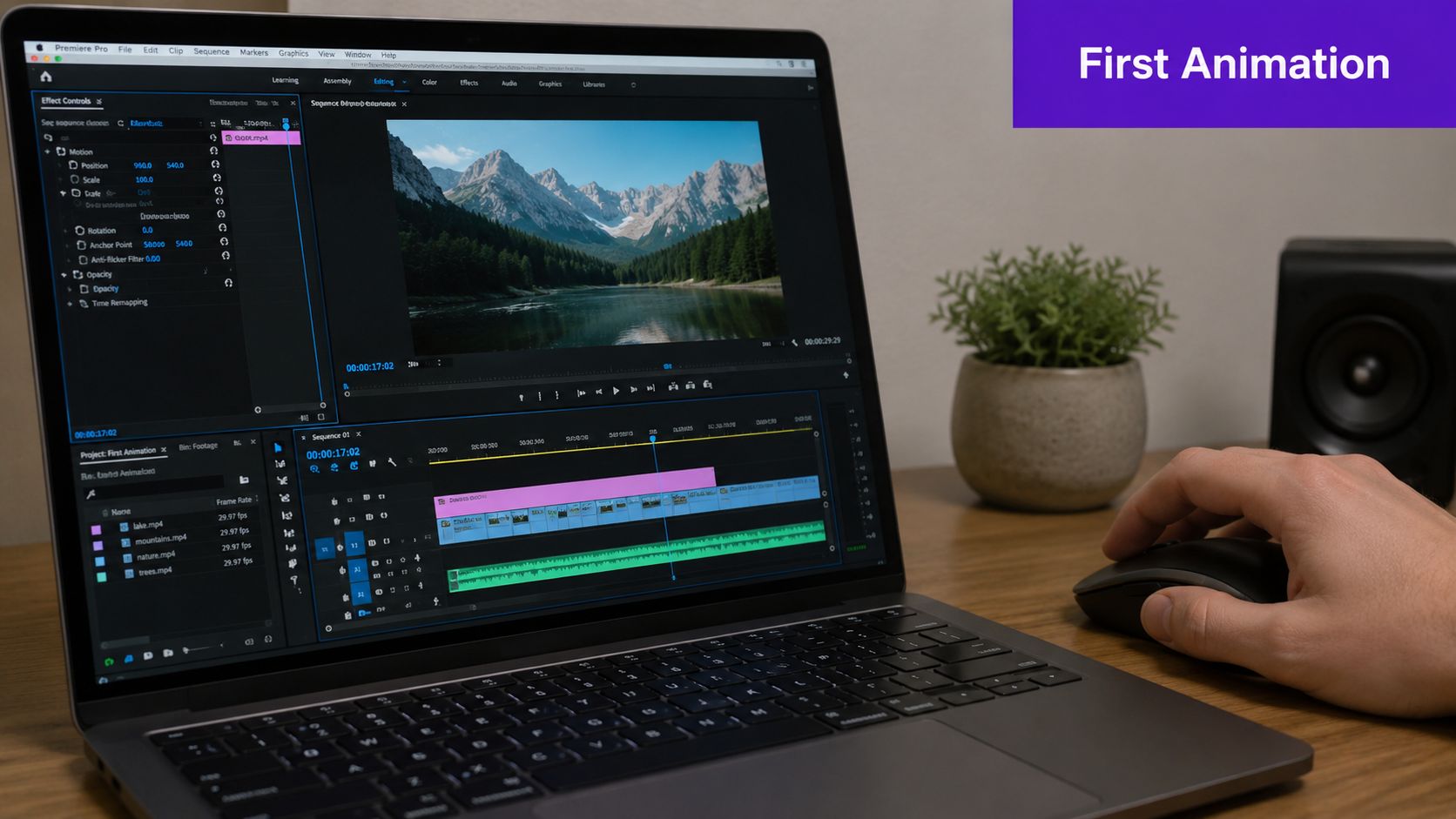 A user editing a video project using the keyframe tool in Adobe Premiere Pro on a laptop.