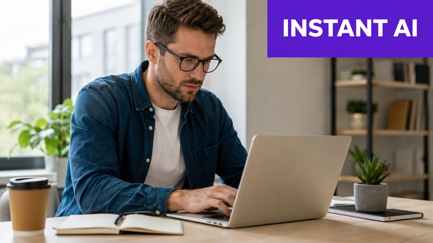 A focused man wearing glasses working on his laptop while sitting at a wooden desk in an office.