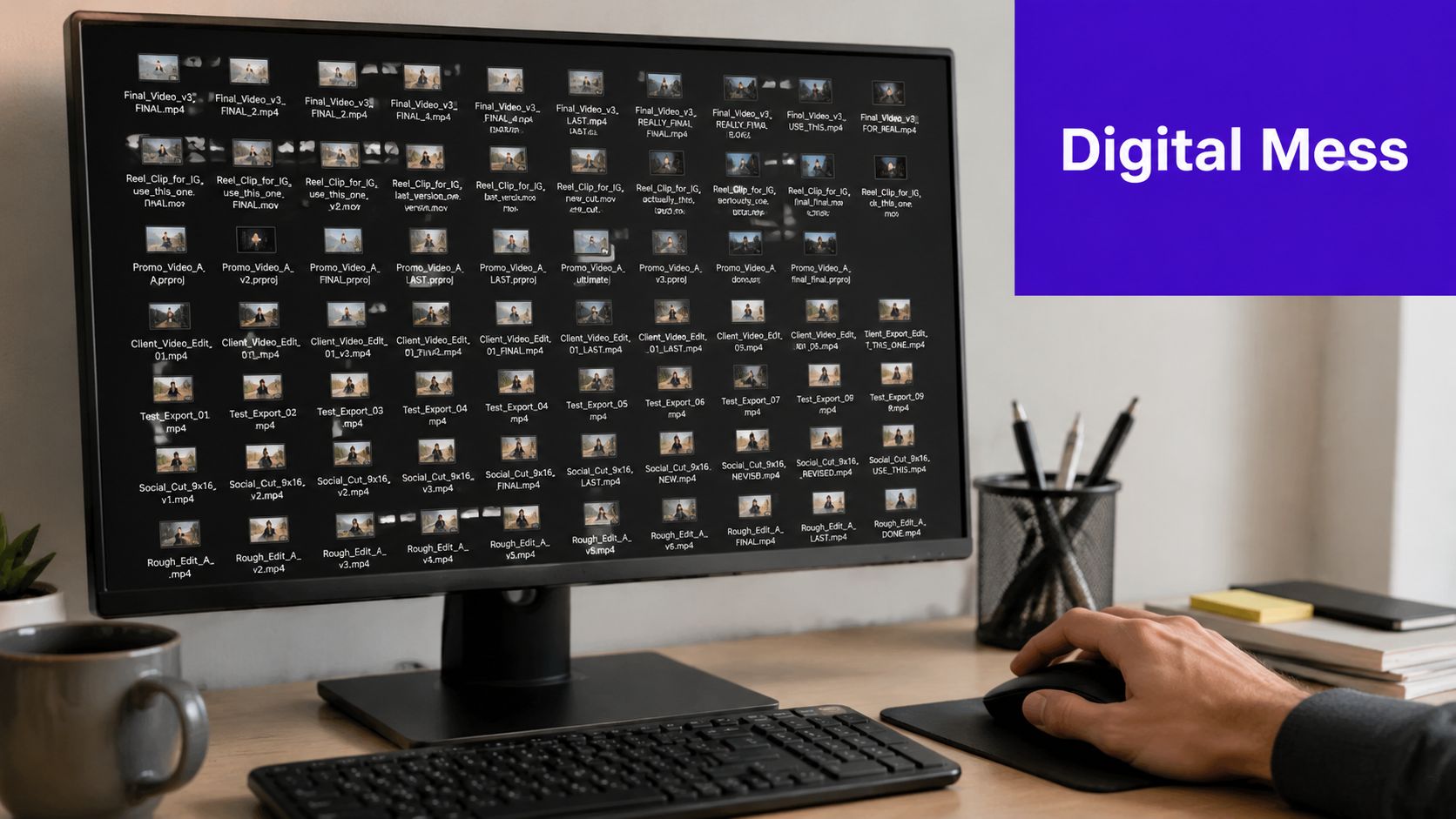 A computer screen displaying many disorganized video files with a hand using a mouse nearby.