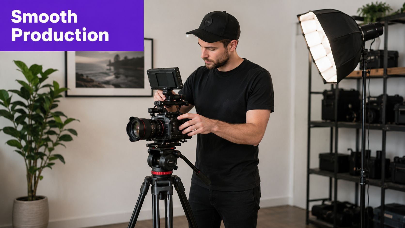 A videographer adjusting his professional cinema camera on a tripod for a smooth production workflow in a studio.