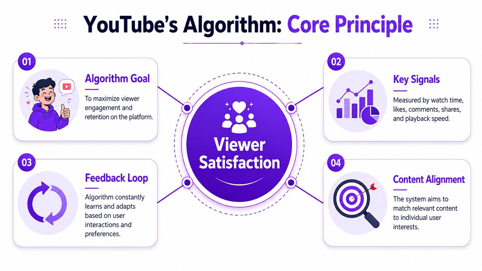 A diagram illustrating YouTube algorithm core principles focused on viewer satisfaction, engagement, and content alignment.
