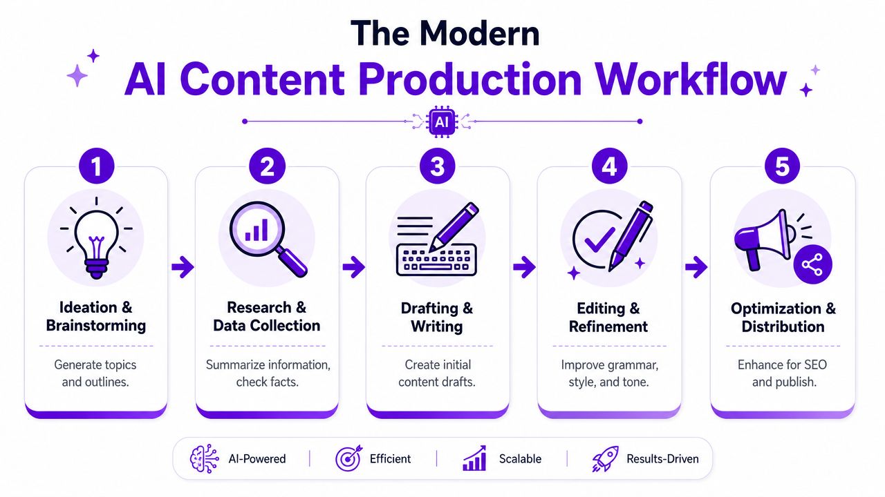 A diagram outlining the five steps of an efficient and scalable AI powered content production workflow process.