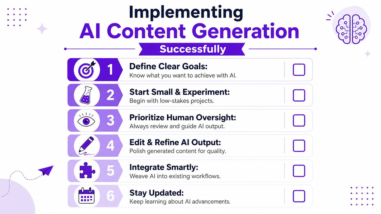 An infographic titled Implementing AI Content Generation Successfully with six numbered steps and icons.