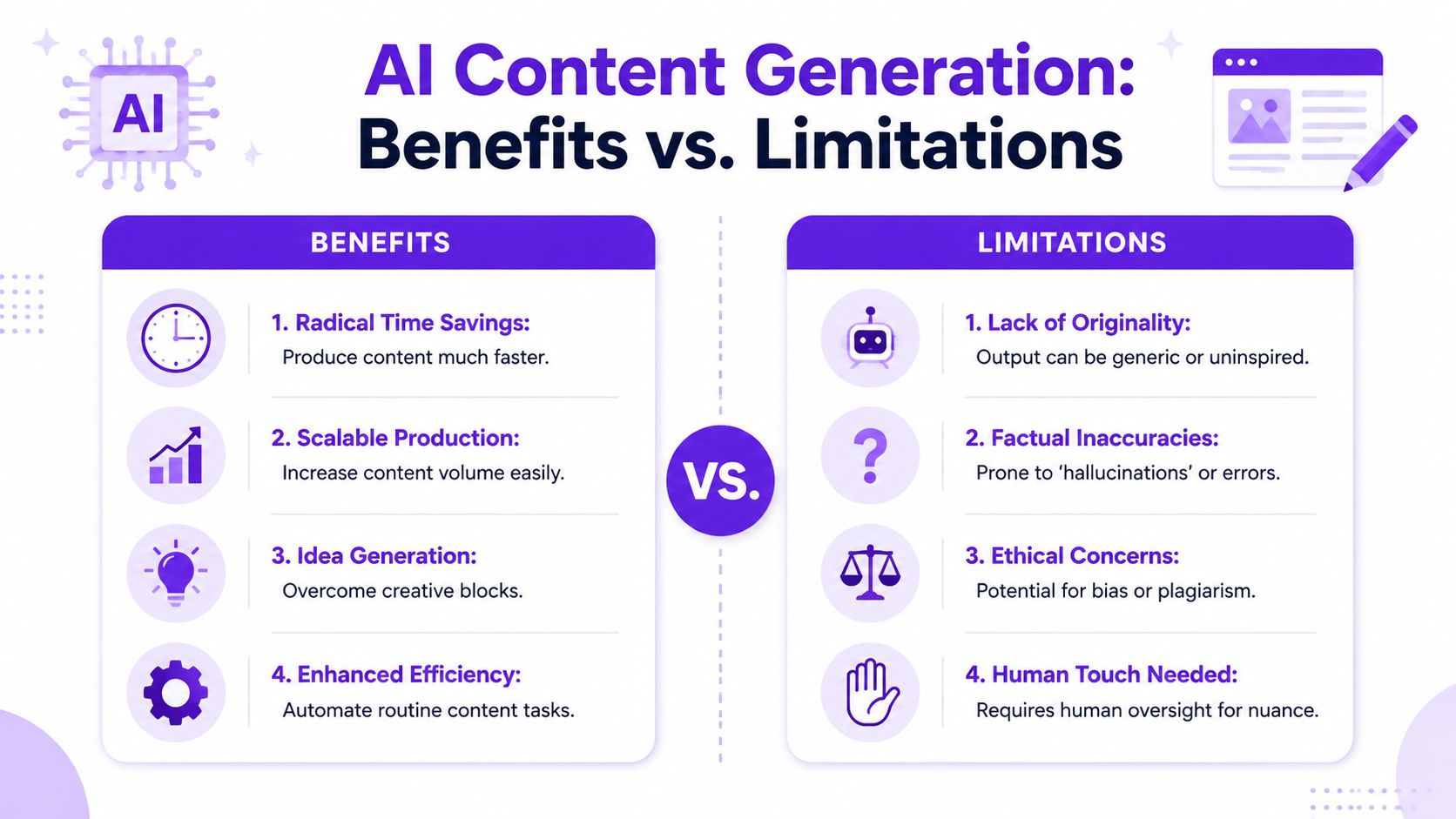 A comparison chart outlining the four main benefits and four limitations of using AI for content generation.