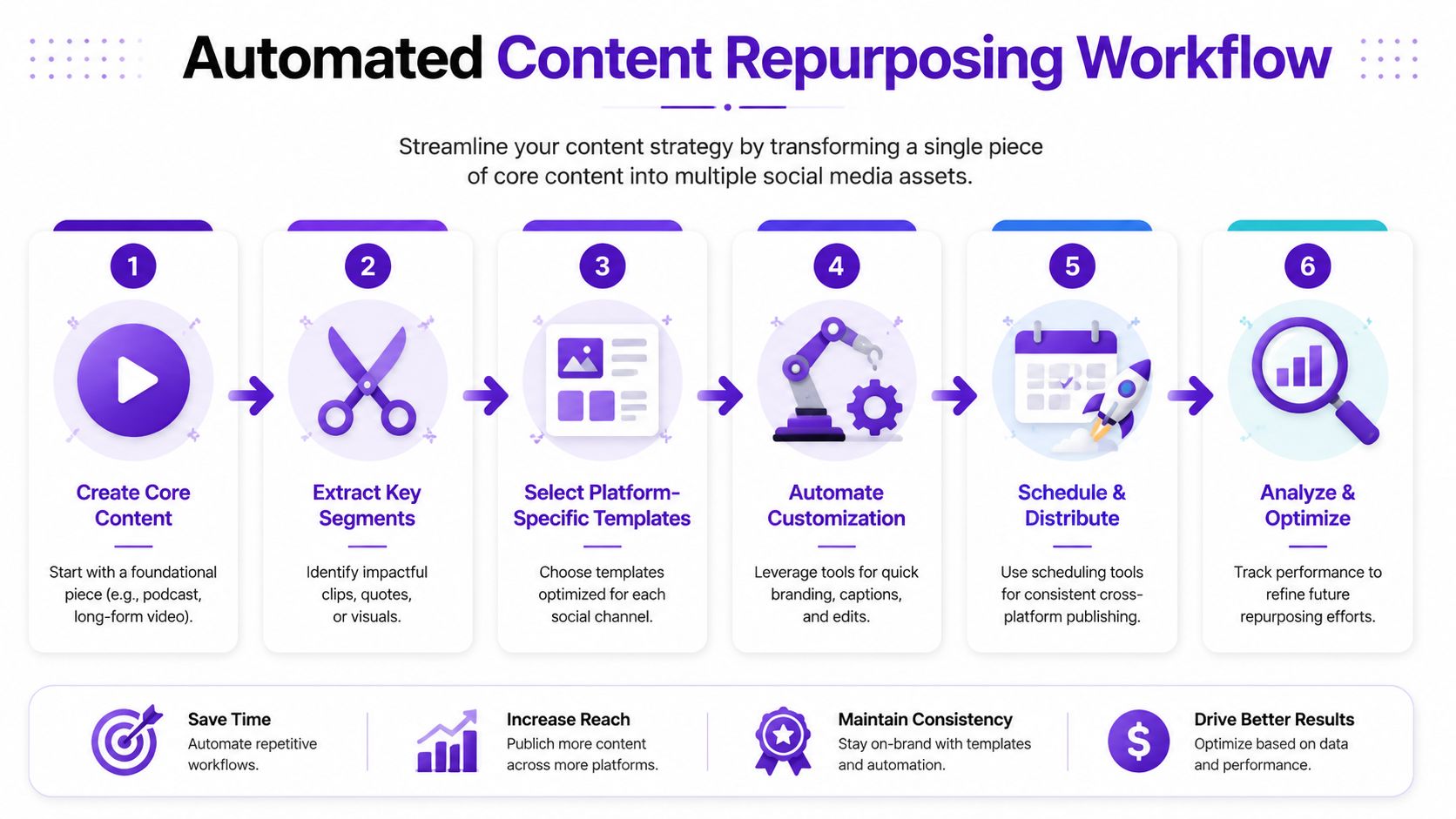 A six-step infographic illustrating an automated workflow for repurposing core content into various social media assets.