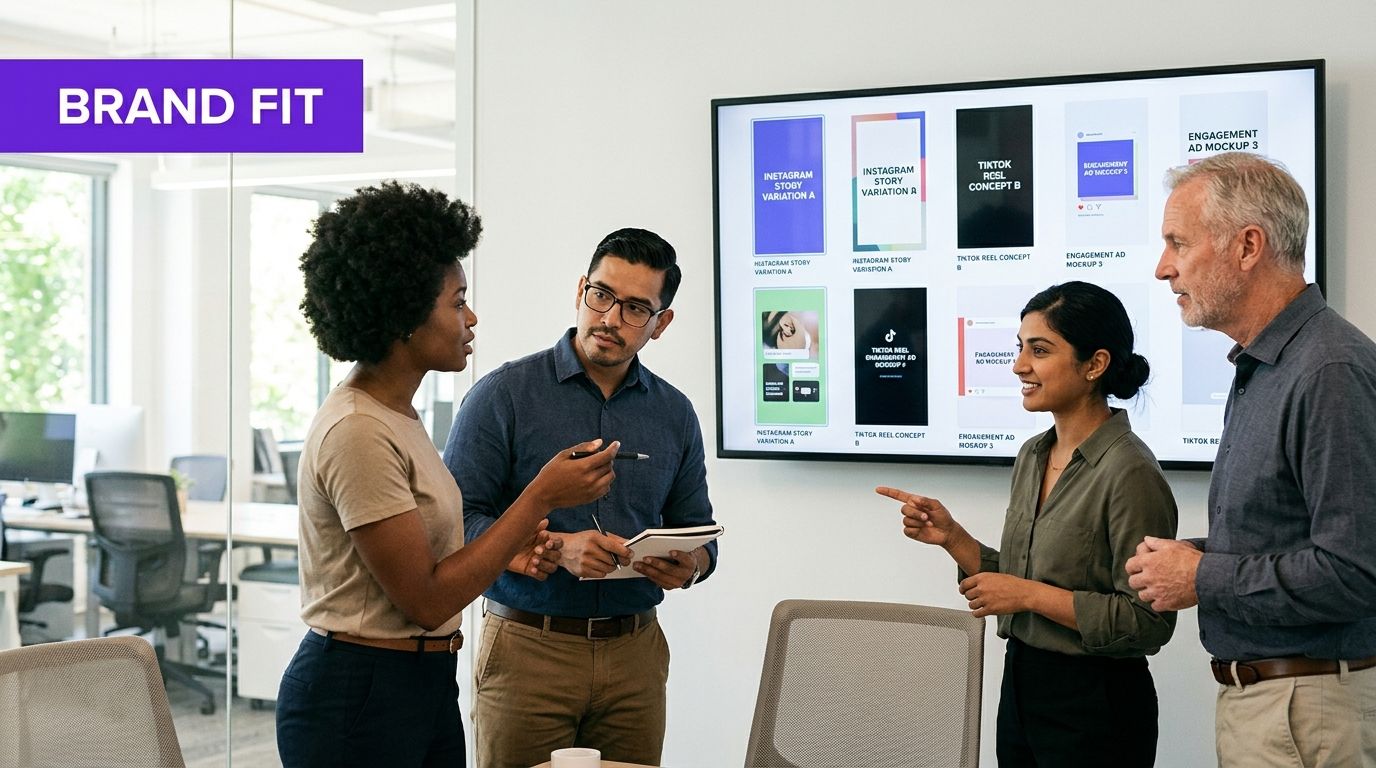 A professional team discussing various social media video templates displayed on a large screen in an office.