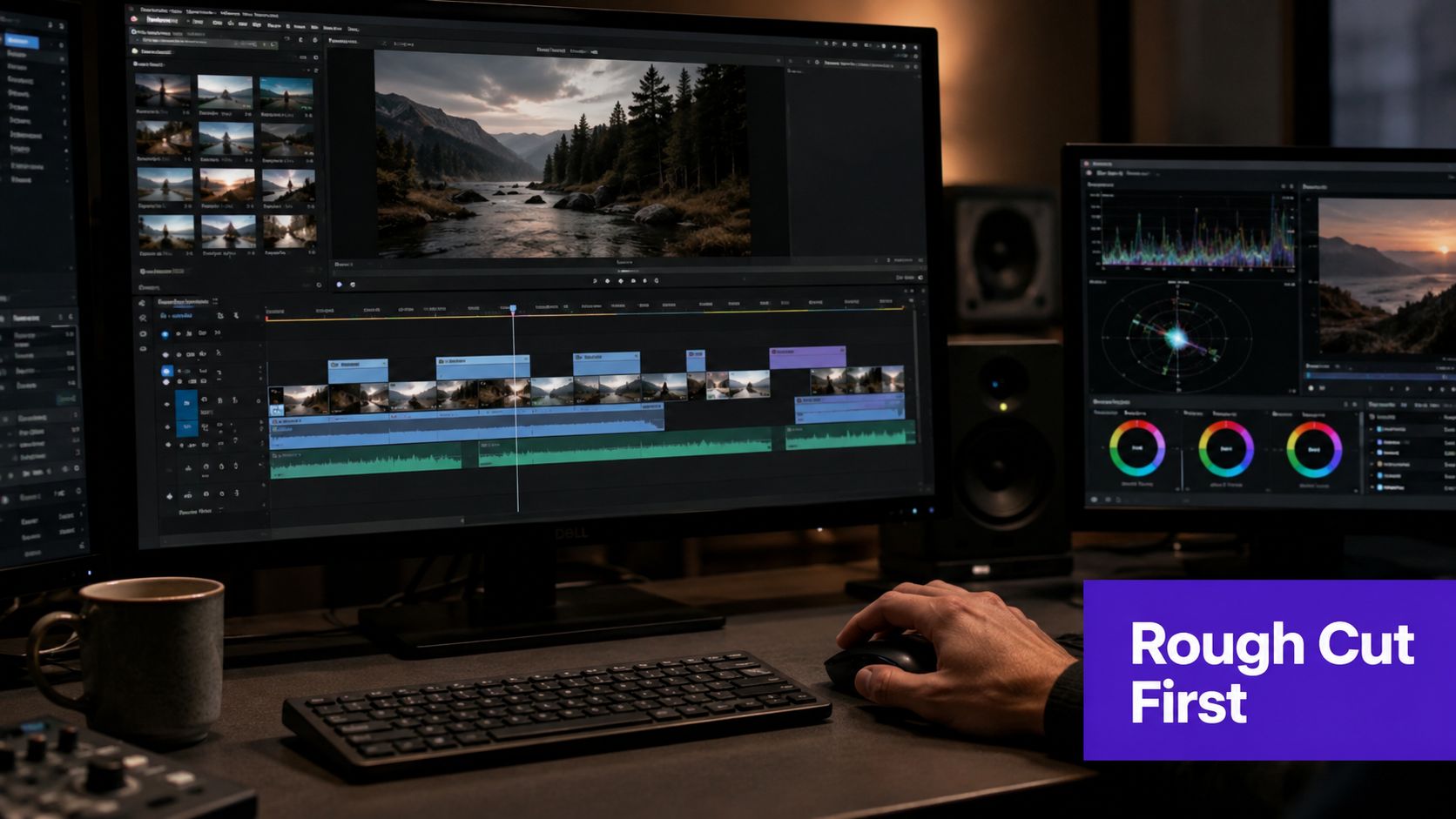 A professional video editor working on a multi-monitor setup with editing software to refine their footage.