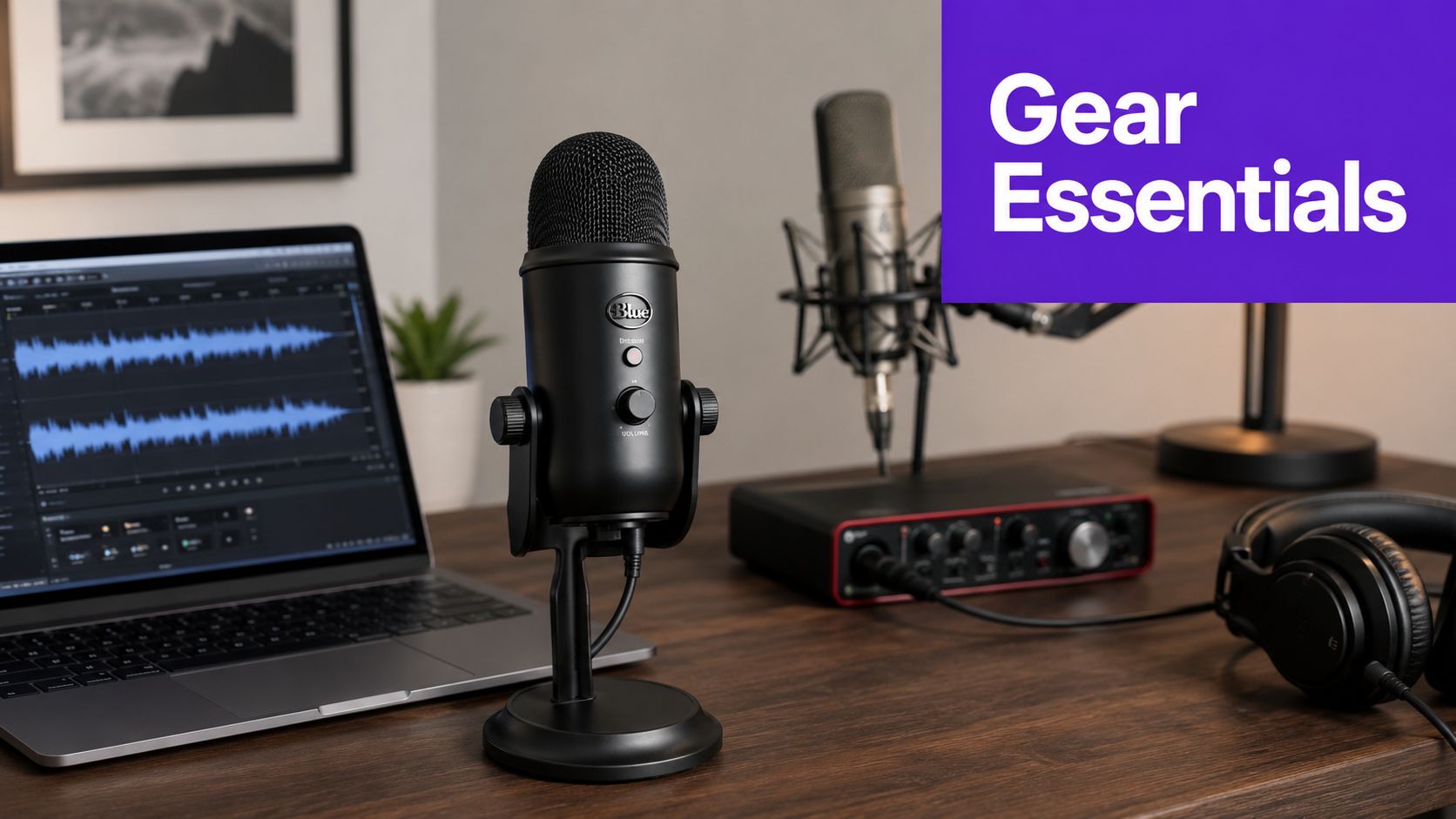 A professional home recording studio setup featuring a Blue Yeti microphone, laptop, audio interface, and professional headphones.