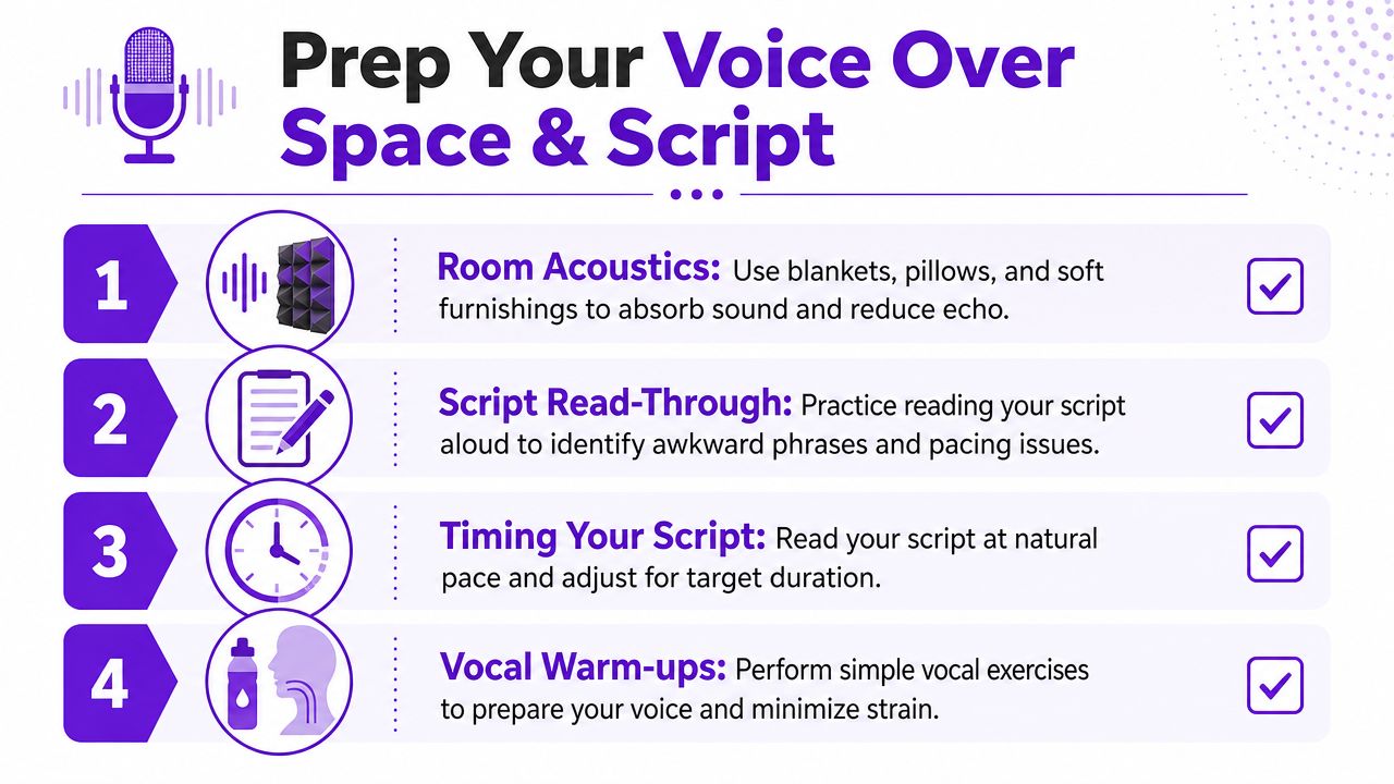 An infographic titled Prep Your Voice Over Space and Script with four numbered steps and icons.