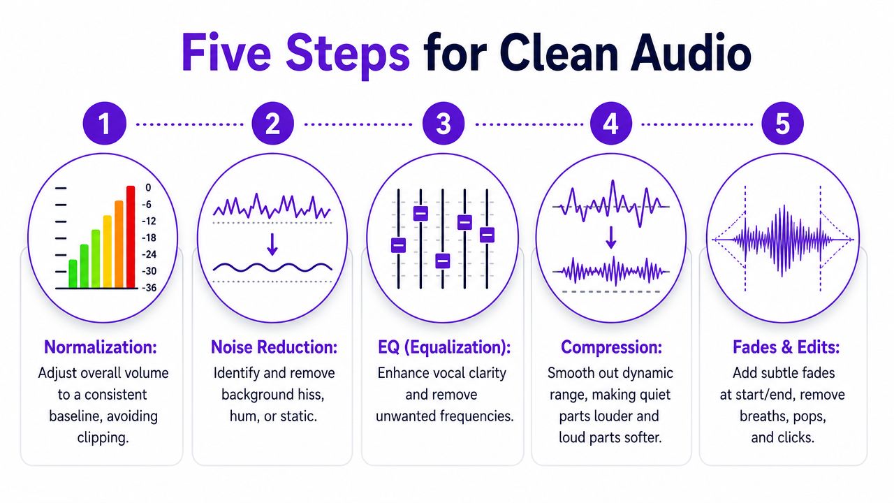 A five-step infographic guide illustrating the professional process for creating clean and clear audio recordings.