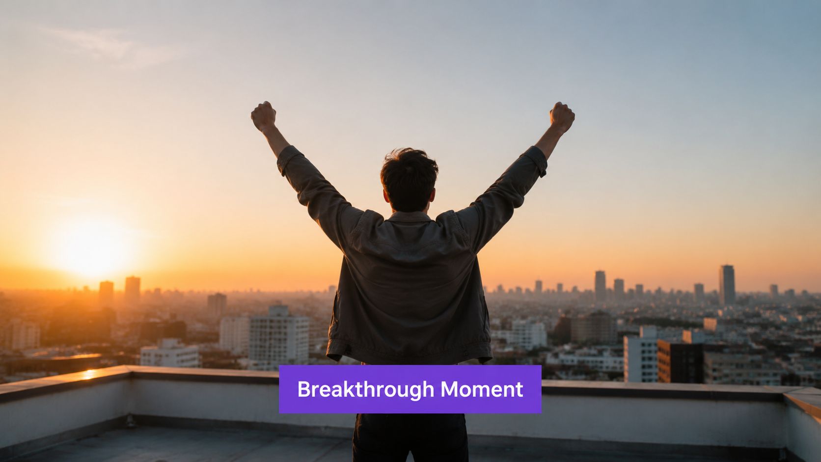 A person standing on a rooftop at sunset with arms raised, representing a major breakthrough moment.