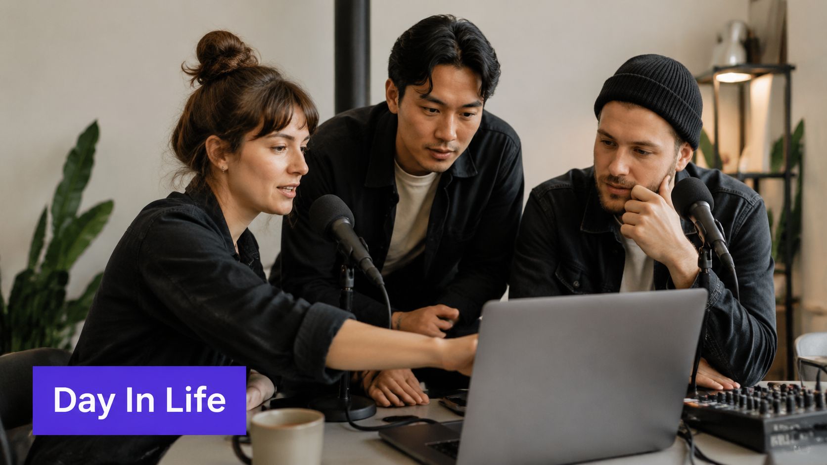 Three people collaborating on a podcast while looking at a laptop screen in a studio setting.