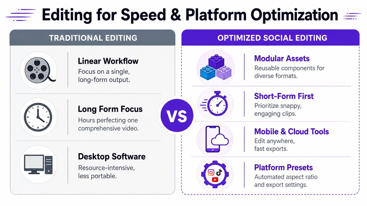 A comparison chart showing differences between traditional long-form video editing and modern optimized social media video production.