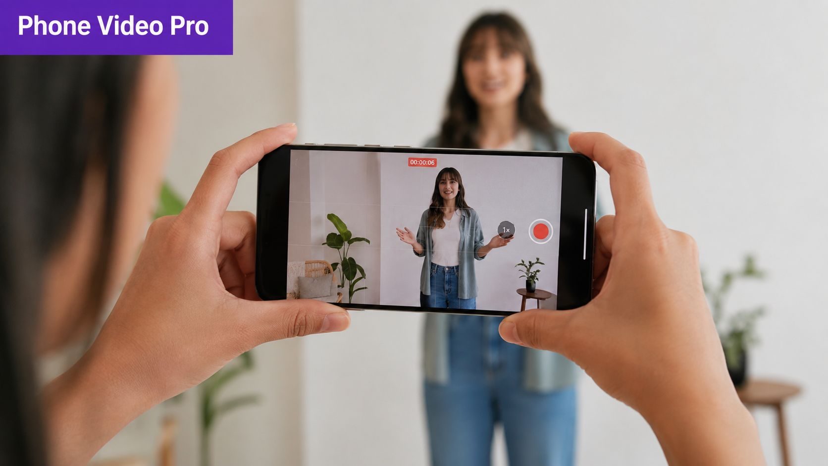 A person holding a smartphone to record a video of a woman standing in a bright room.