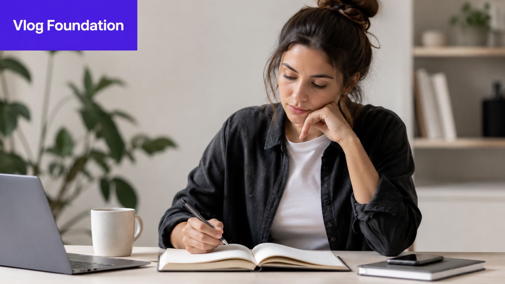 A focused young woman sitting at a desk writing in a notebook next to her laptop