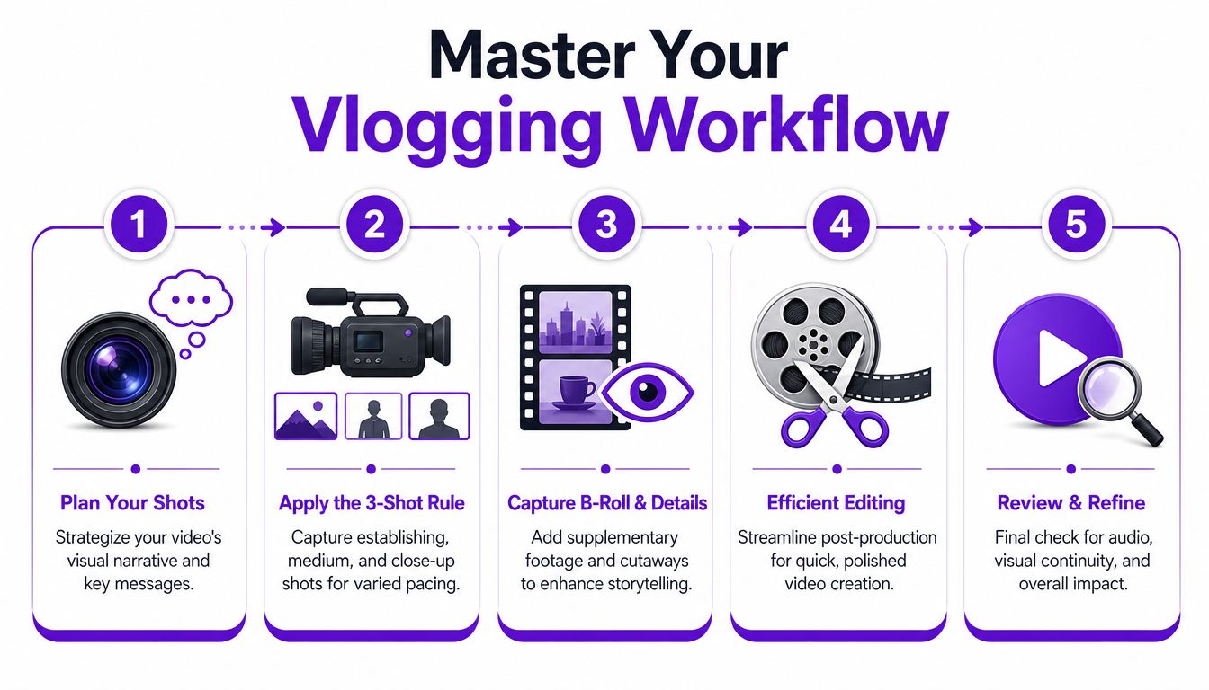 A five-step infographic guide titled Master Your Vlogging Workflow detailing the essential stages of video creation.