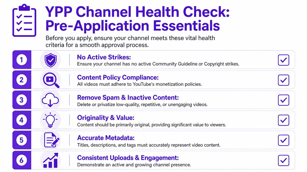 An infographic detailing six essential steps to prepare a YouTube channel for the partner program application process.