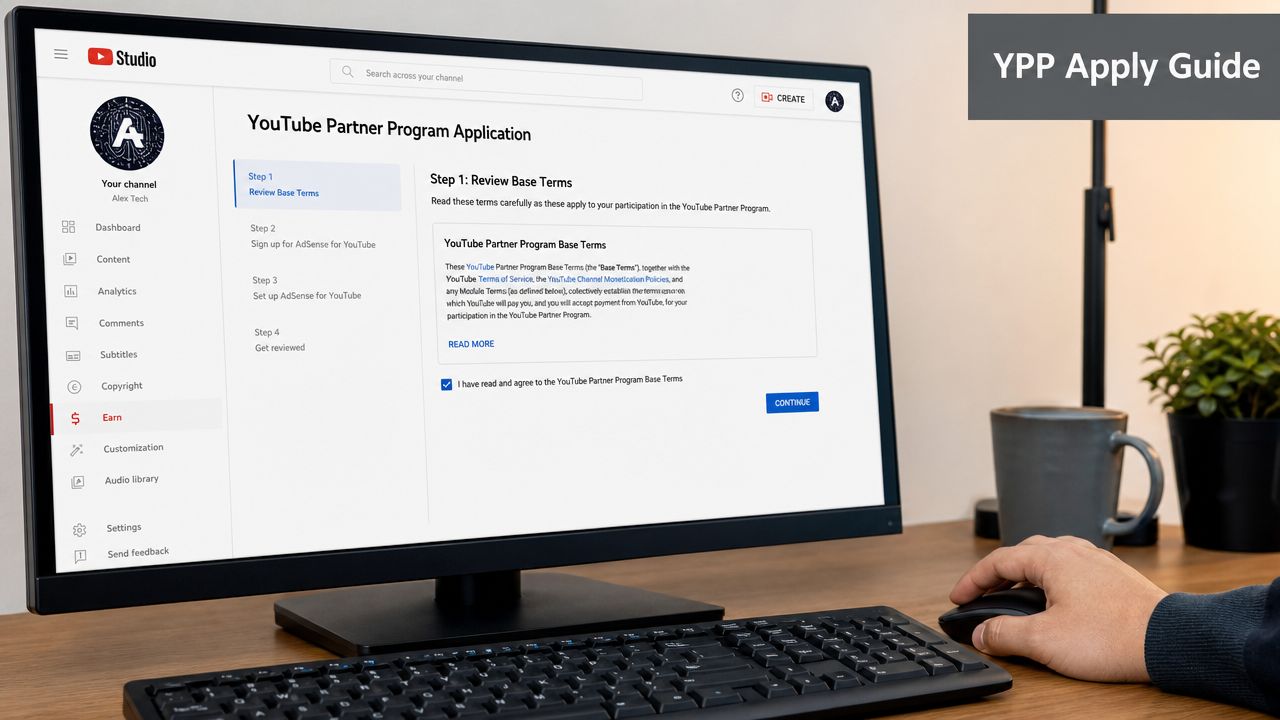A person using a computer to complete the YouTube Partner Program application process on the Studio dashboard.