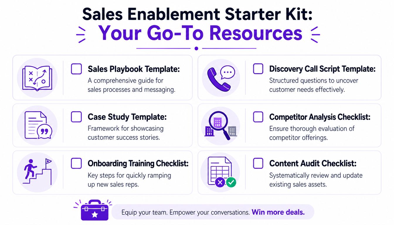 A graphic listing essential sales enablement resources including templates and checklists for team onboarding and sales success.
