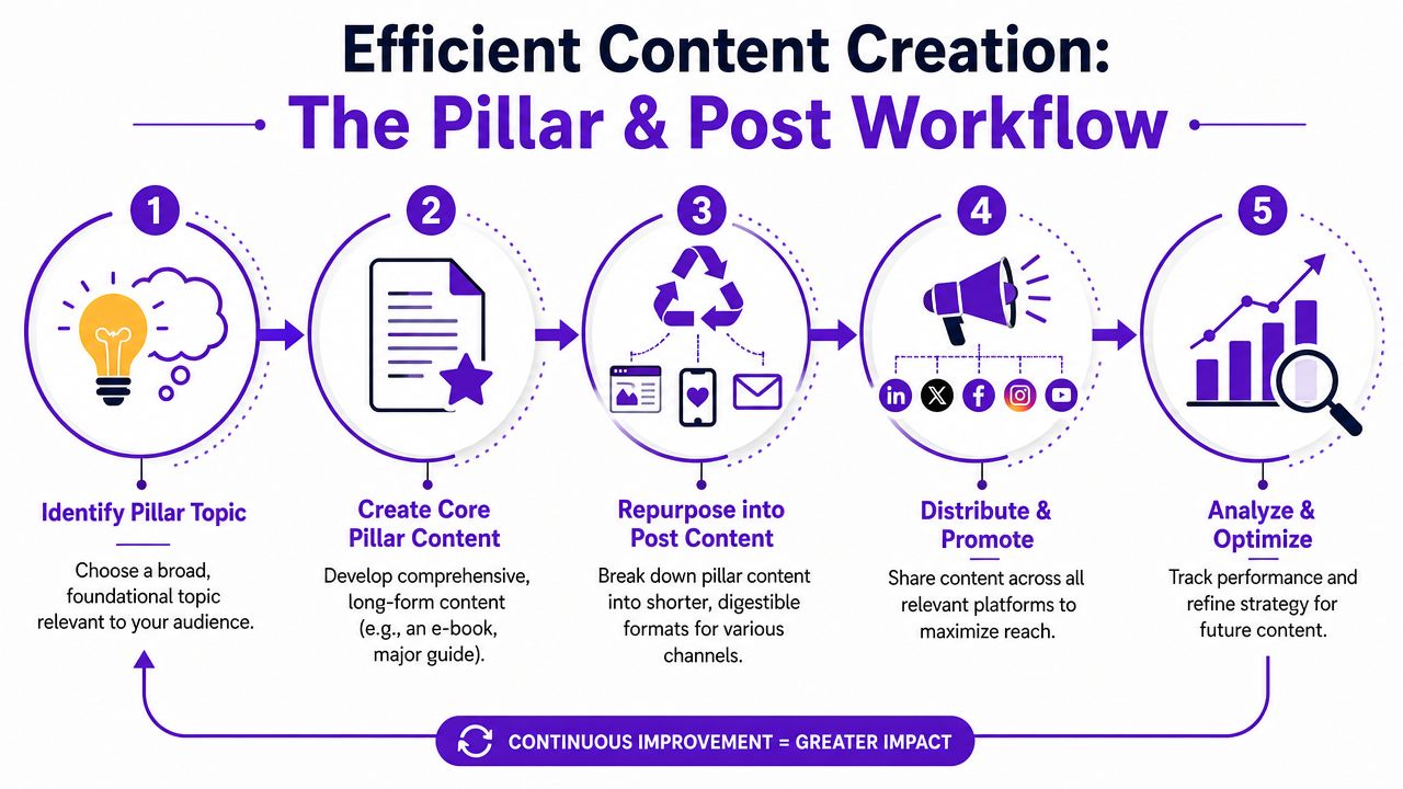 A flow chart illustrating the five-step pillar and post workflow for efficient content creation strategy.