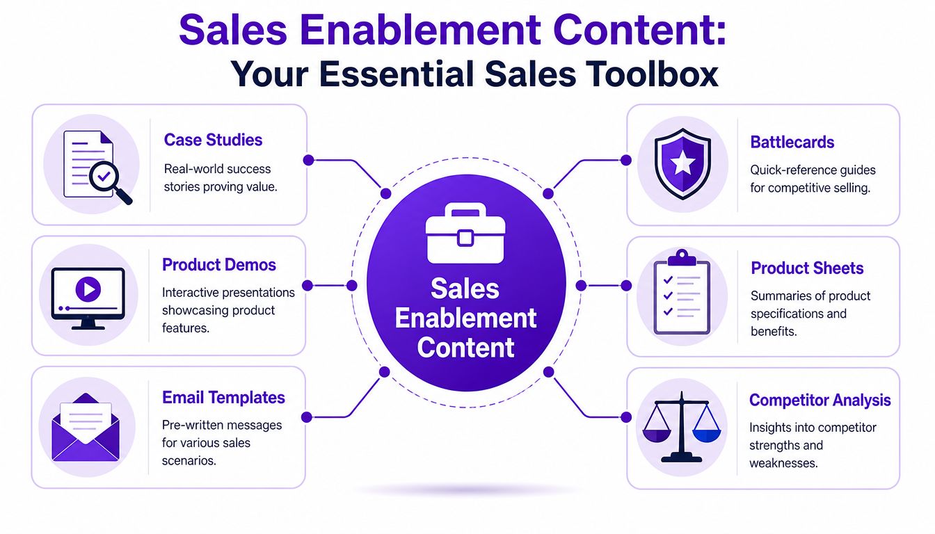 A diagram illustrating essential sales enablement content tools including case studies, demos, templates, battlecards, sheets, and analysis.