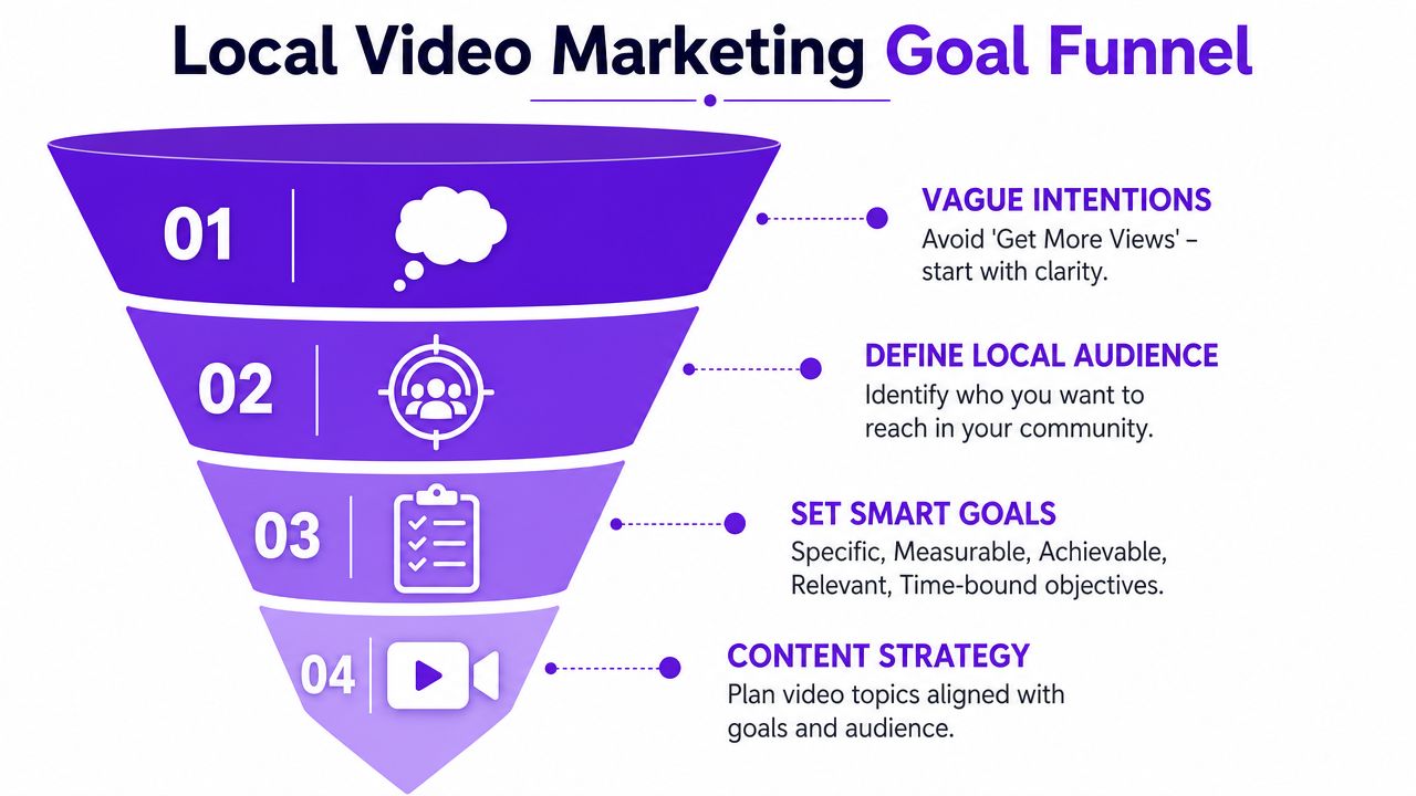 A four-step funnel diagram illustrating the local business video marketing process from goal definition to content strategy.