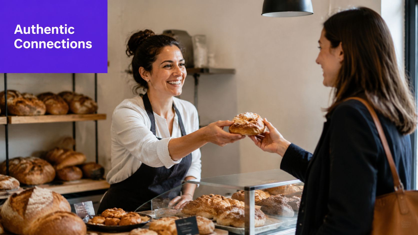 A friendly female bakery worker handing a fresh pastry to a customer across the bakery counter.