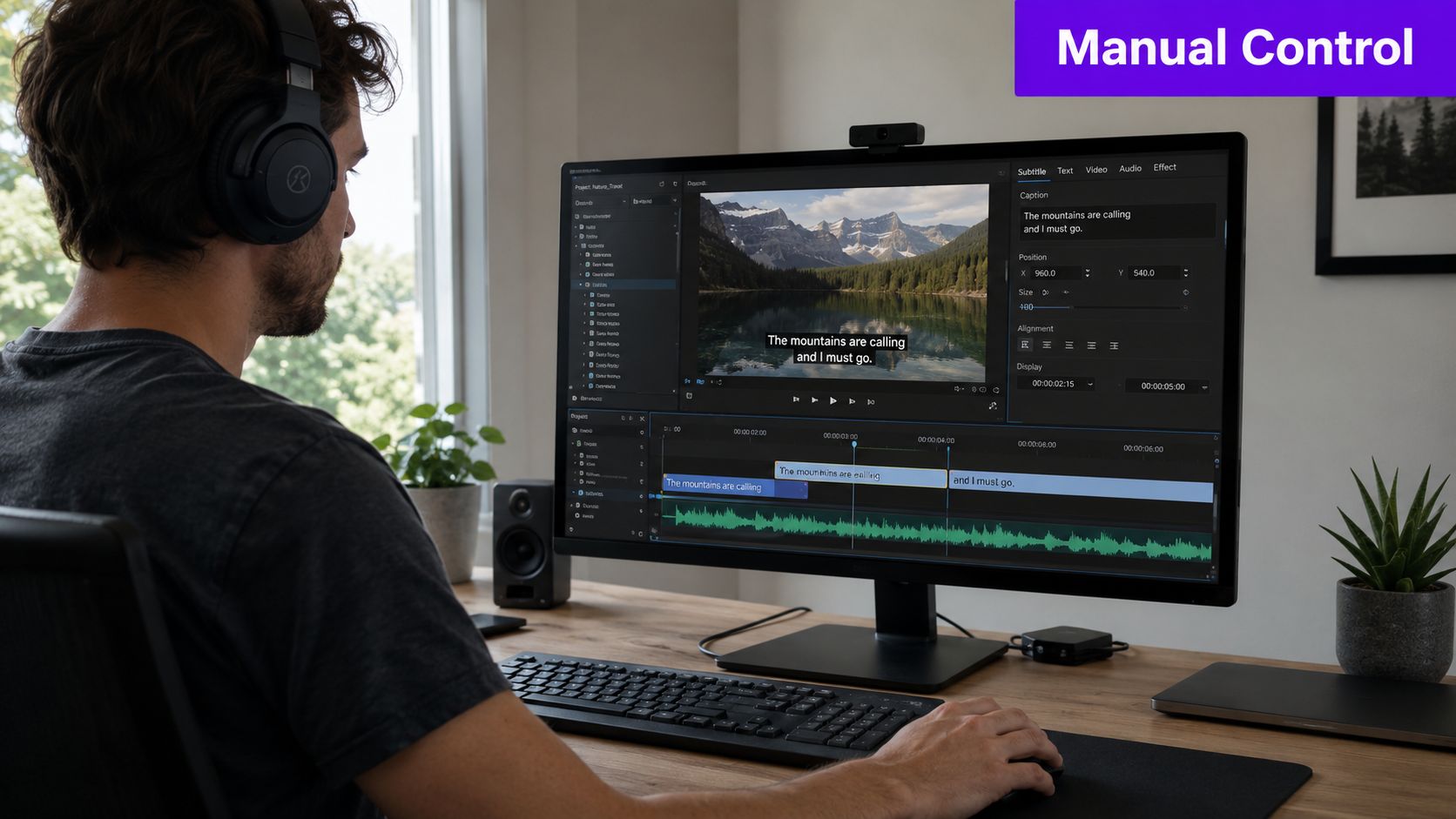 A video editor working on a desktop computer while adding subtitles to a mountain landscape video.