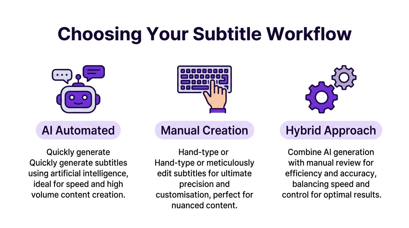 A graphic comparing three subtitle creation methods: AI automated, manual creation, and a hybrid approach.