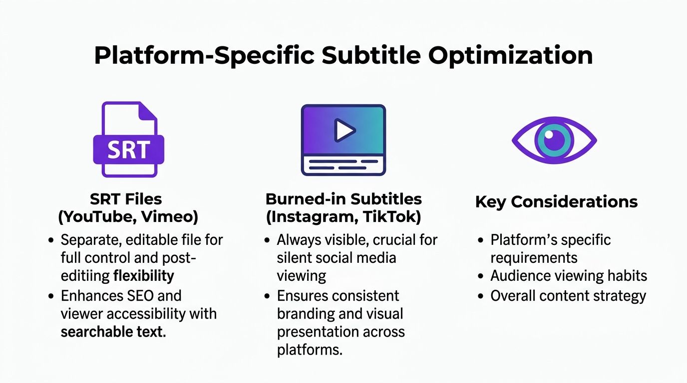 A graphic explaining platform-specific subtitle optimization using SRT files for YouTube and burned-in text for TikTok.