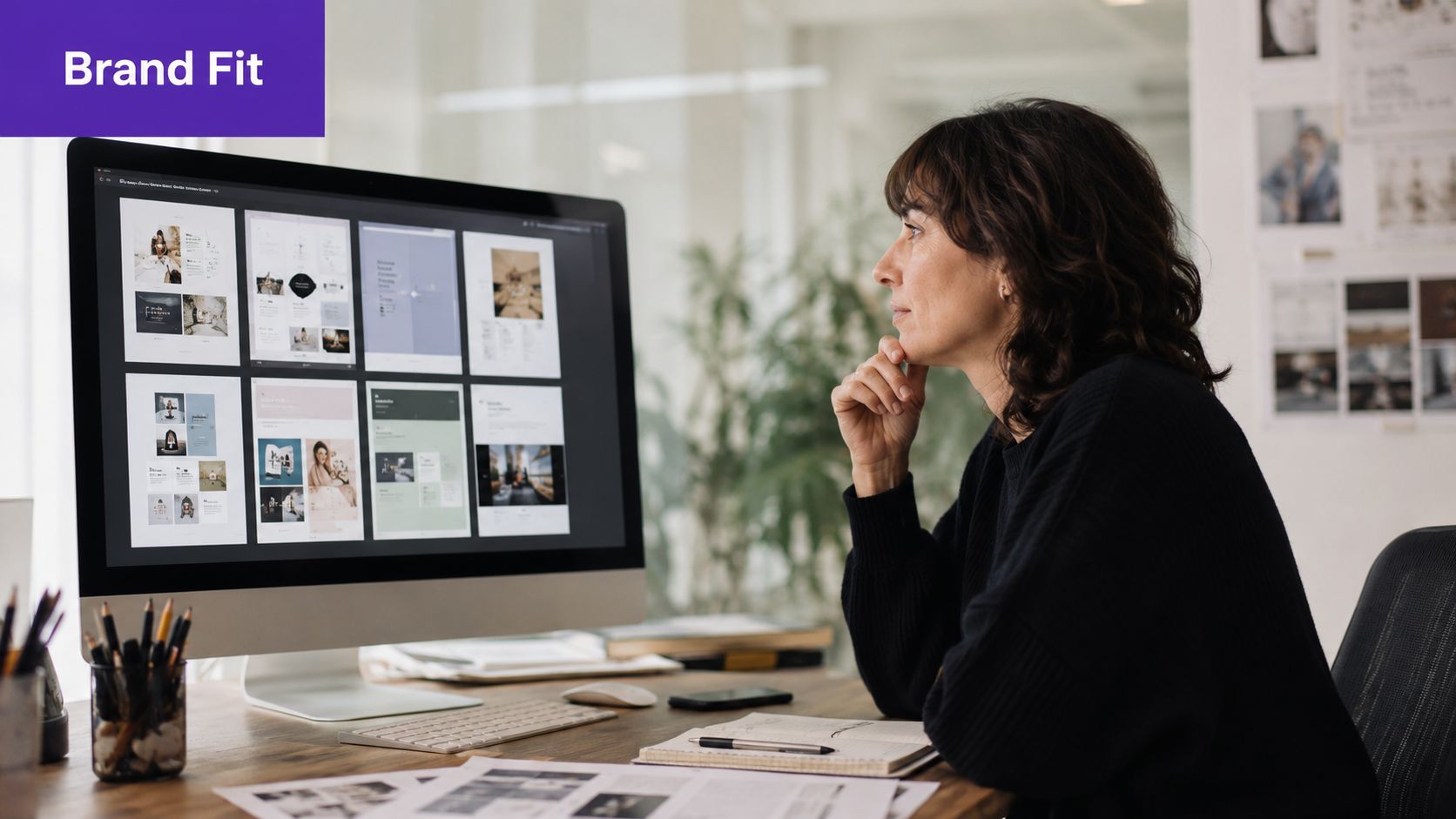 A professional female graphic designer focusing on multiple layout templates on a desktop computer screen.