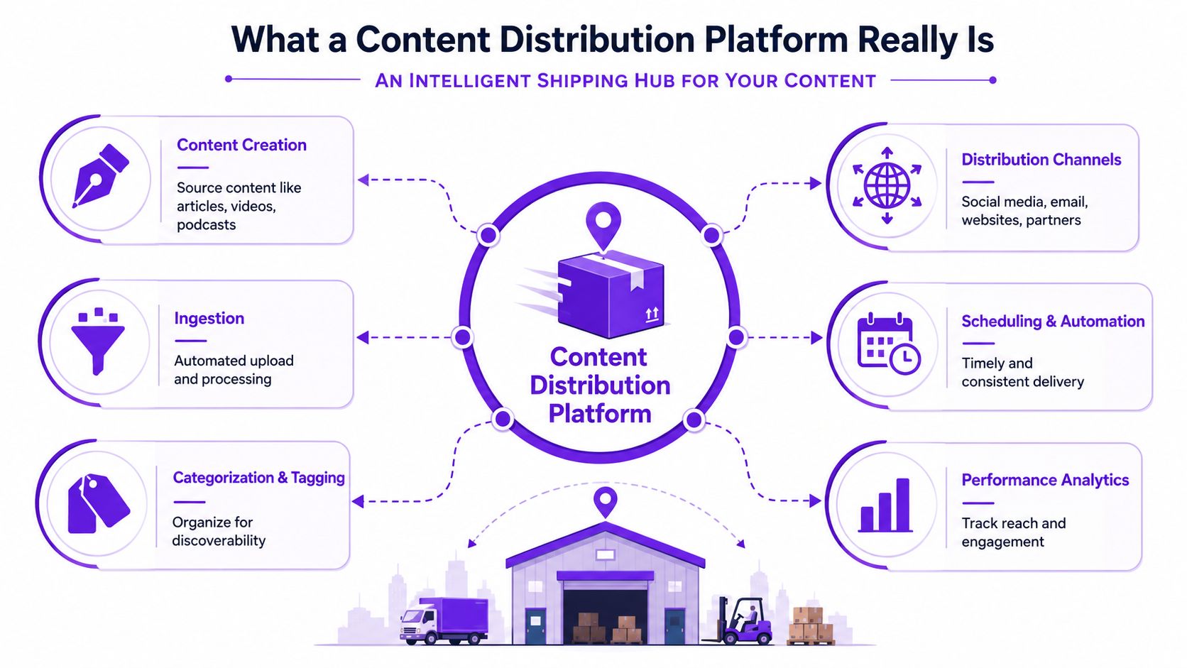 A diagram illustrating a content distribution platform as an intelligent shipping hub for digital marketing content.