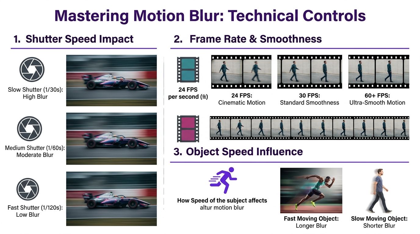 An infographic showing how shutter speed, frame rate, and subject speed affect motion blur in photography.