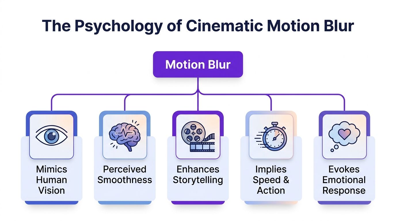 An infographic titled The Psychology of Cinematic Motion Blur displaying five key psychological benefits of motion blur.