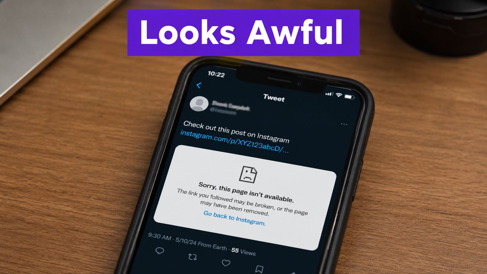 A smartphone screen displaying a broken Instagram link embedded in a Twitter post with an error message.